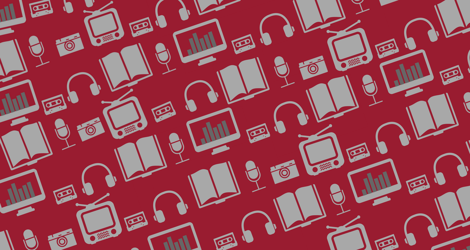 maroon background with technology icons scattered across