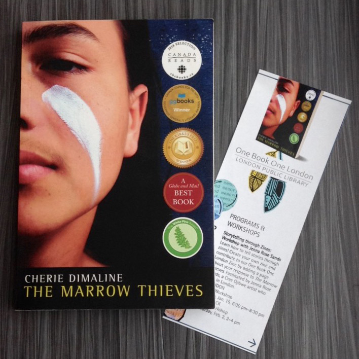 cover of the Marrow Thieves, which highlights that the author Cherie Dimaline came to FIMS to speak about her book