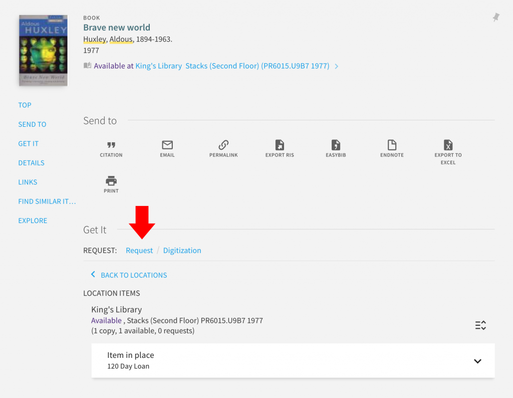 Catalogue record for Brave New World by Aldous Huxley with red arrow pointing to Request button