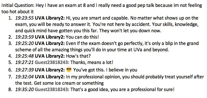 Chat conversation with patron asking for exam pep talk