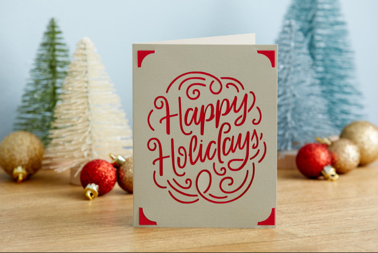 Red and beige card featuring the text, "Happy Holidays"