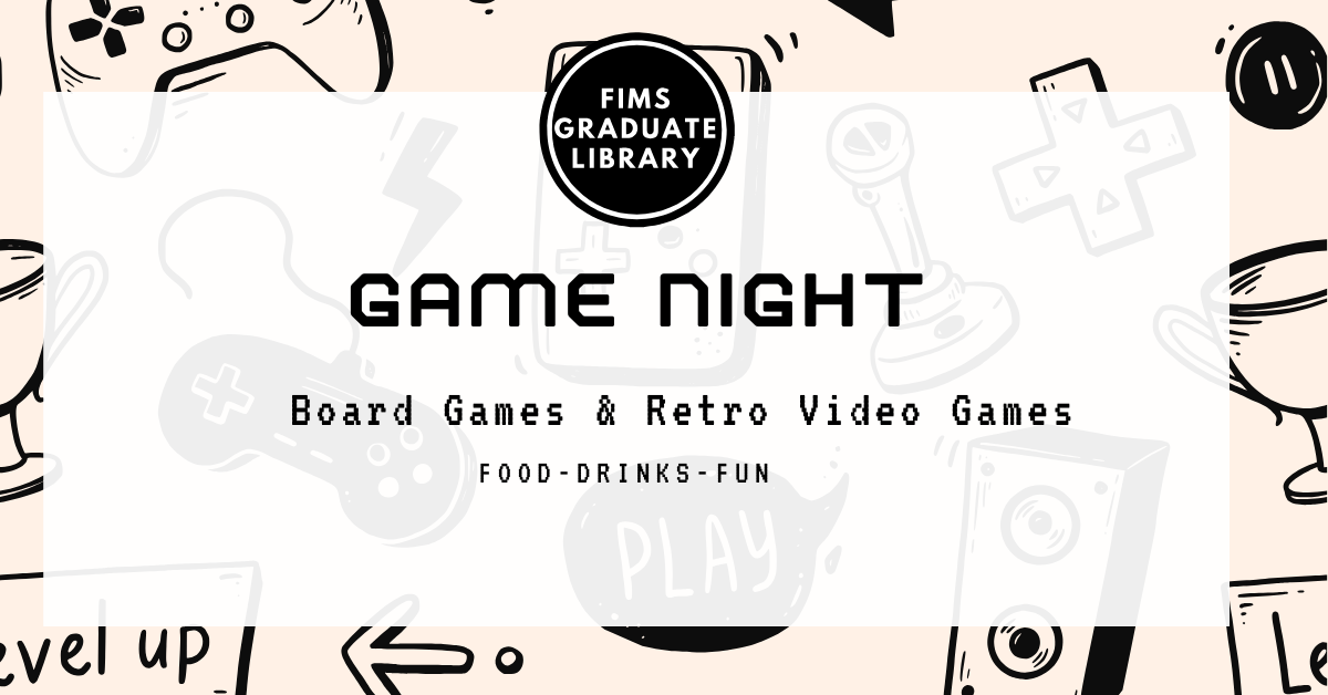 Decorative background of different gaming devices with overlay of text that reads Game Night Board Games and Retro Video Games. Food, drinks, fun