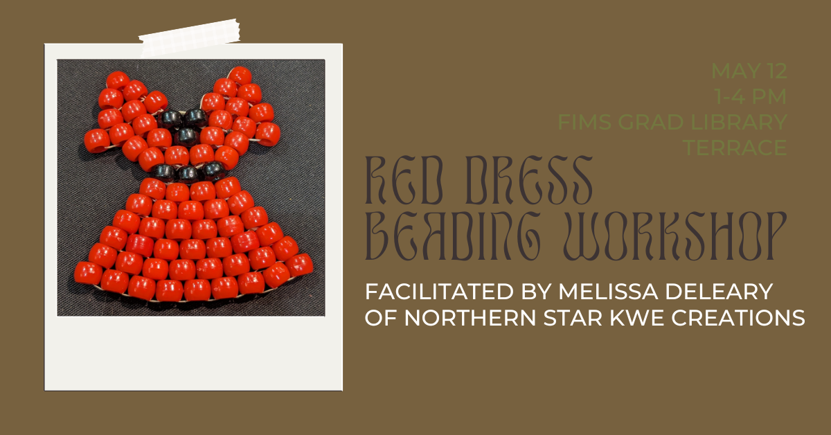 Polaroid of red dress beading project on a brown background, containing workshop information