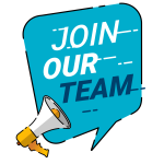 Blue speech bubble on white background with a megaphone in bottom left corner. Text reads "Join our team"