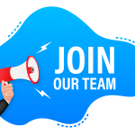 Blue shape on white background with megaphone and text that reads Join Our Team